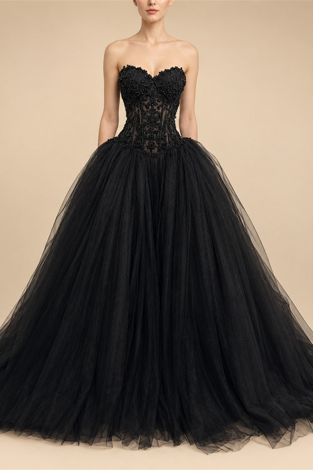 Black Lace Heavy Gothic Beading Wedding Dress Ballgown Corset Closure  ZP202