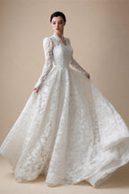 Elegant Printed Lace High Neck Wedding Dress with Train ZP171