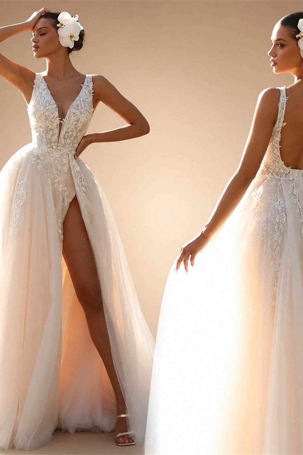 Romantic Deep V Neck Custom Bridal Gown With Floral Lace Sweep Train
