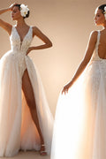 Romantic Deep V Neck Custom Bridal Gown With Floral Lace Sweep Train