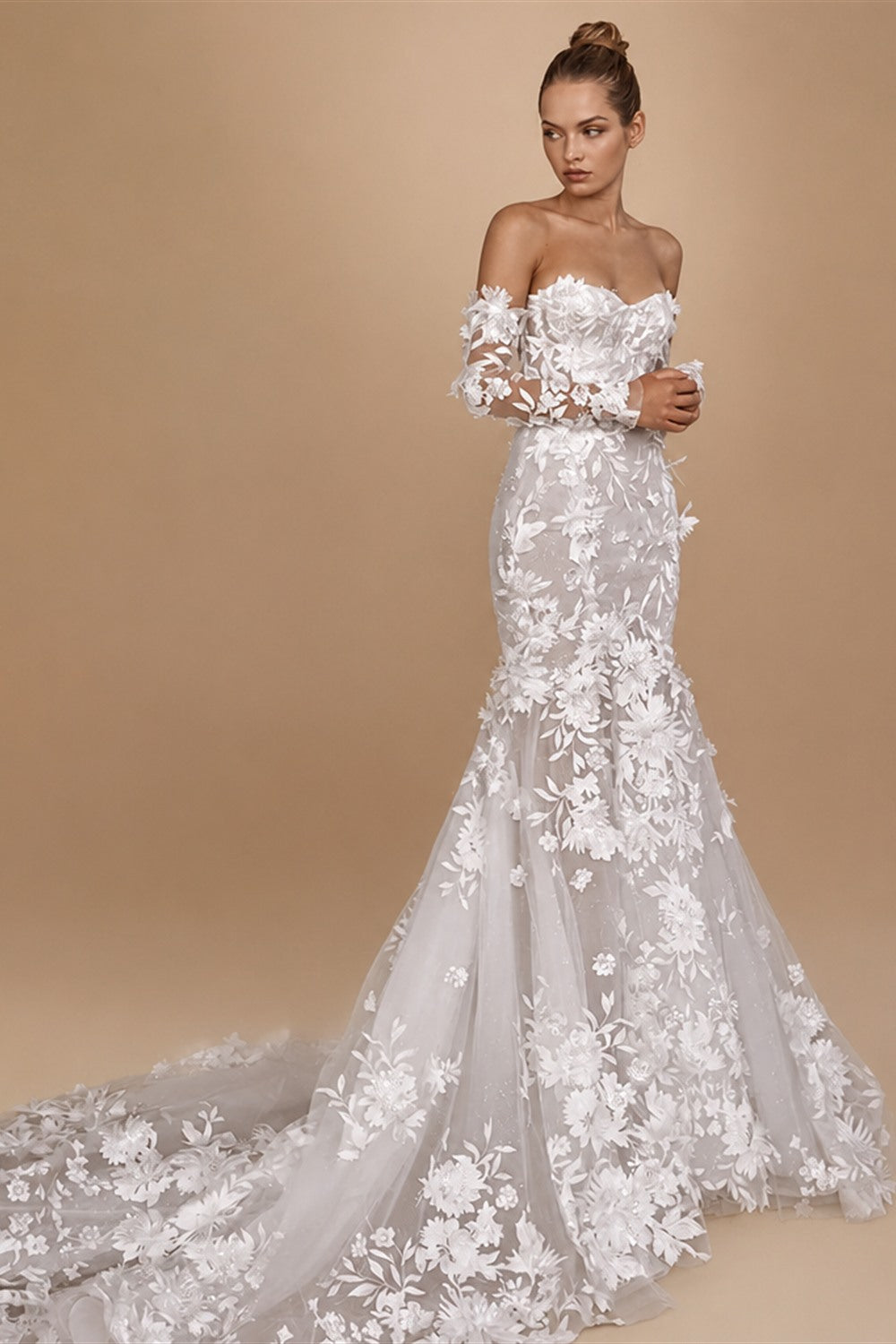 Loverxu Mermaid Sexy Wedding Dresses Strapless Long Sleeve Vestido De Novia Beading Appliques 3D Flowers Custom Made Bridal Gown