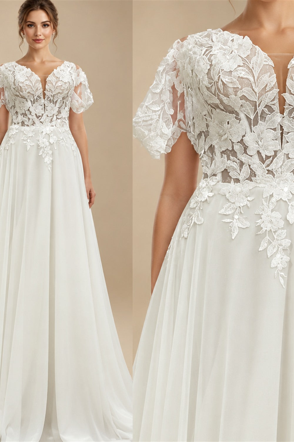 Lace And Chiffon Off Shoulder Cap Sleeve Mermaid Wedding Dress For Bride
