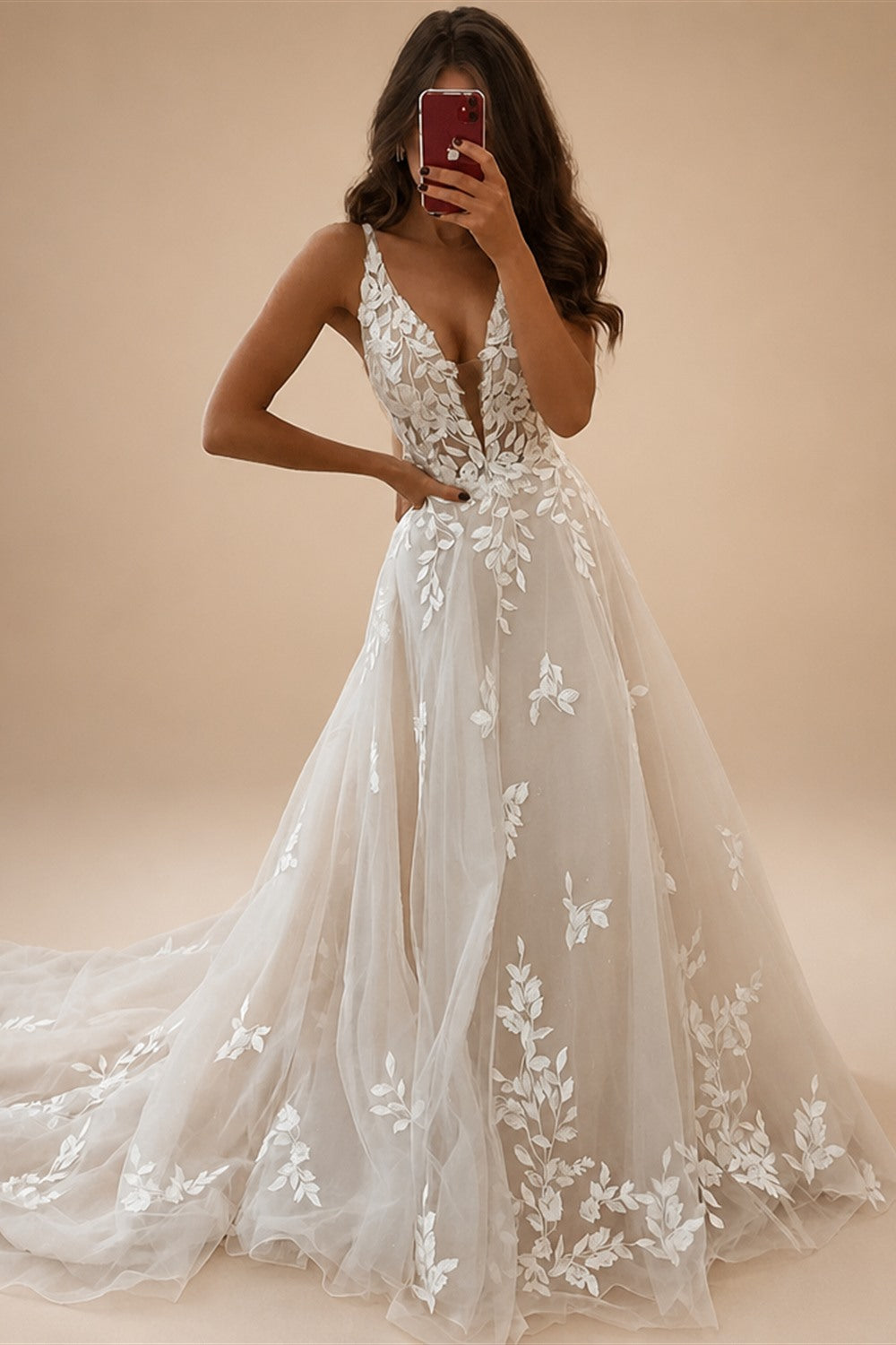 LORIE Boho Lace Elegant Wedding Dresses Low-Cut V-Neck Applique Bride Gowns Princess Spaghetti Strap Bridal Gown PartyCustomized