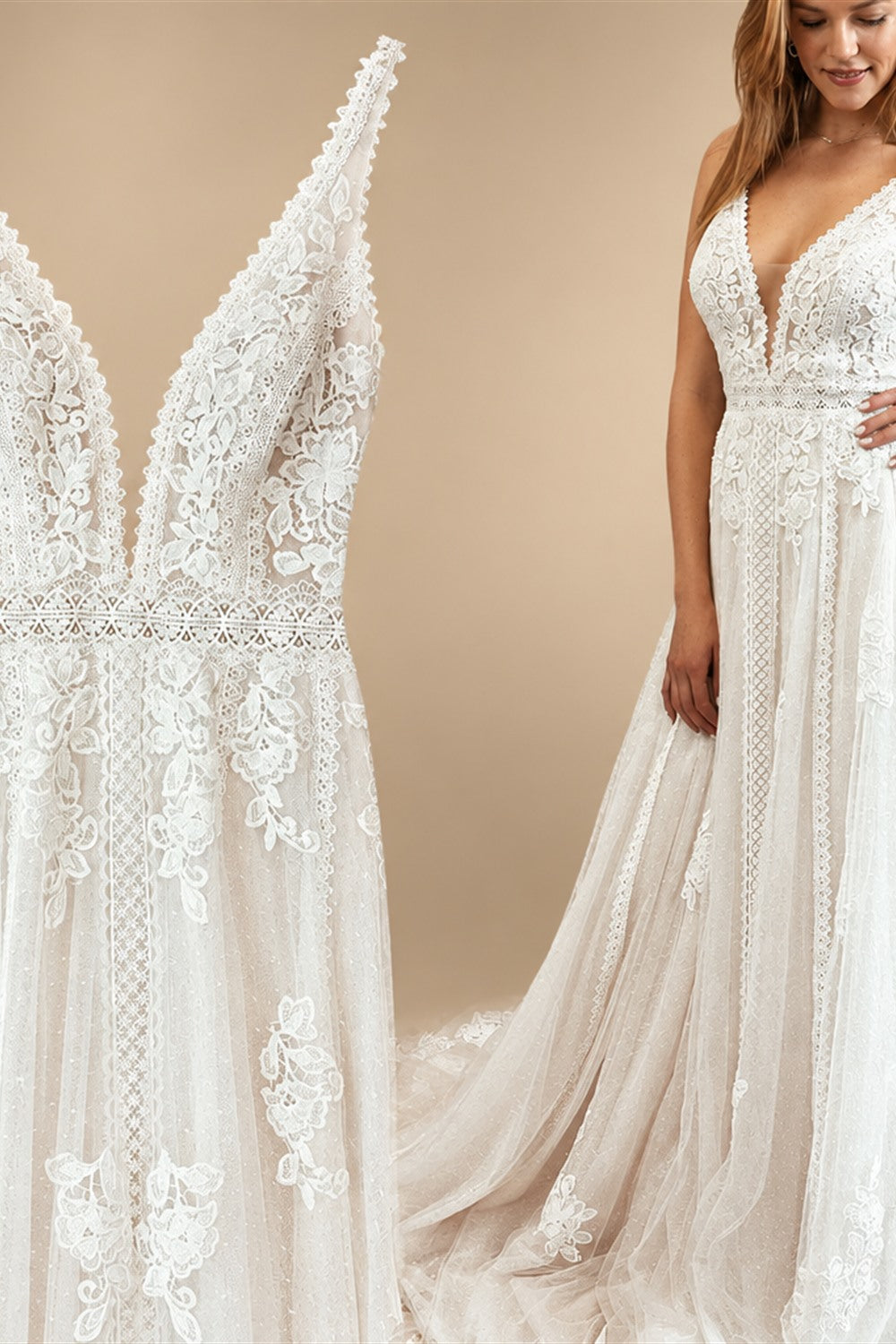 Boho Lace Applique Wedding Dress With Plunging V Neck For Beach Brides