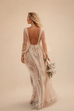 Customized Boho Lace Embroidered Long Sleeve Wedding Dress Deep V Neck and Flowy Lace Skirt for Beach Bridal Dress