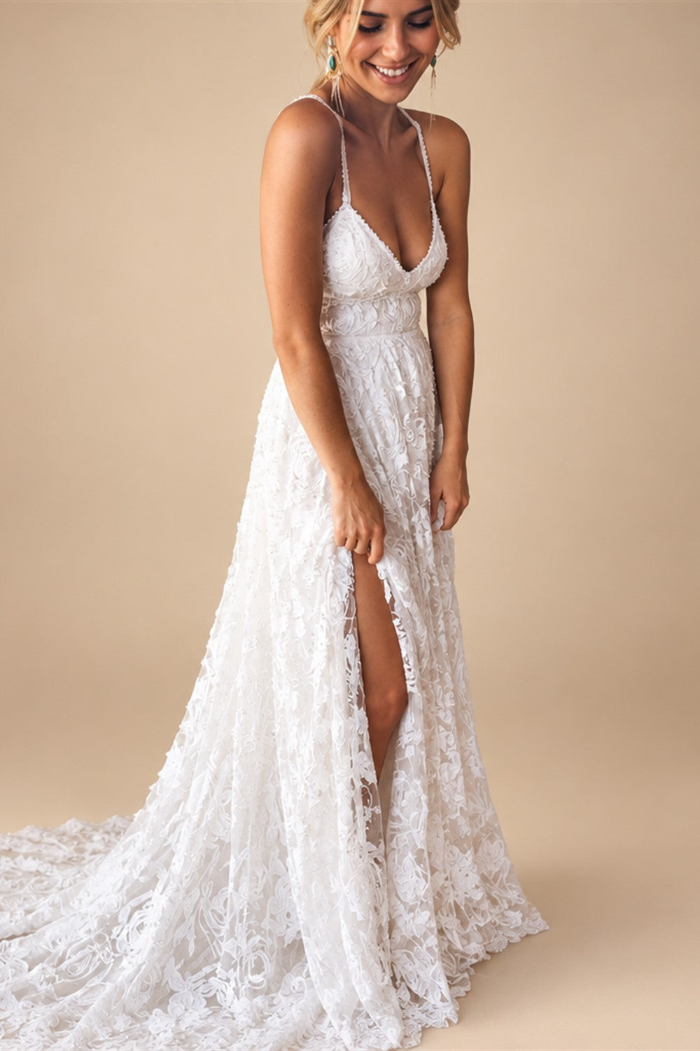 Charming Ivory Lace Floor Length V Neck Long Wedding Dresses on Line