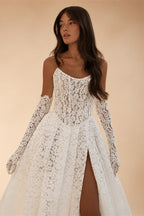Fashion Full Lace Wedding Dress 3/4 Sleeve Strapless Gown with Front Split Custom Made Vestido De Noiva