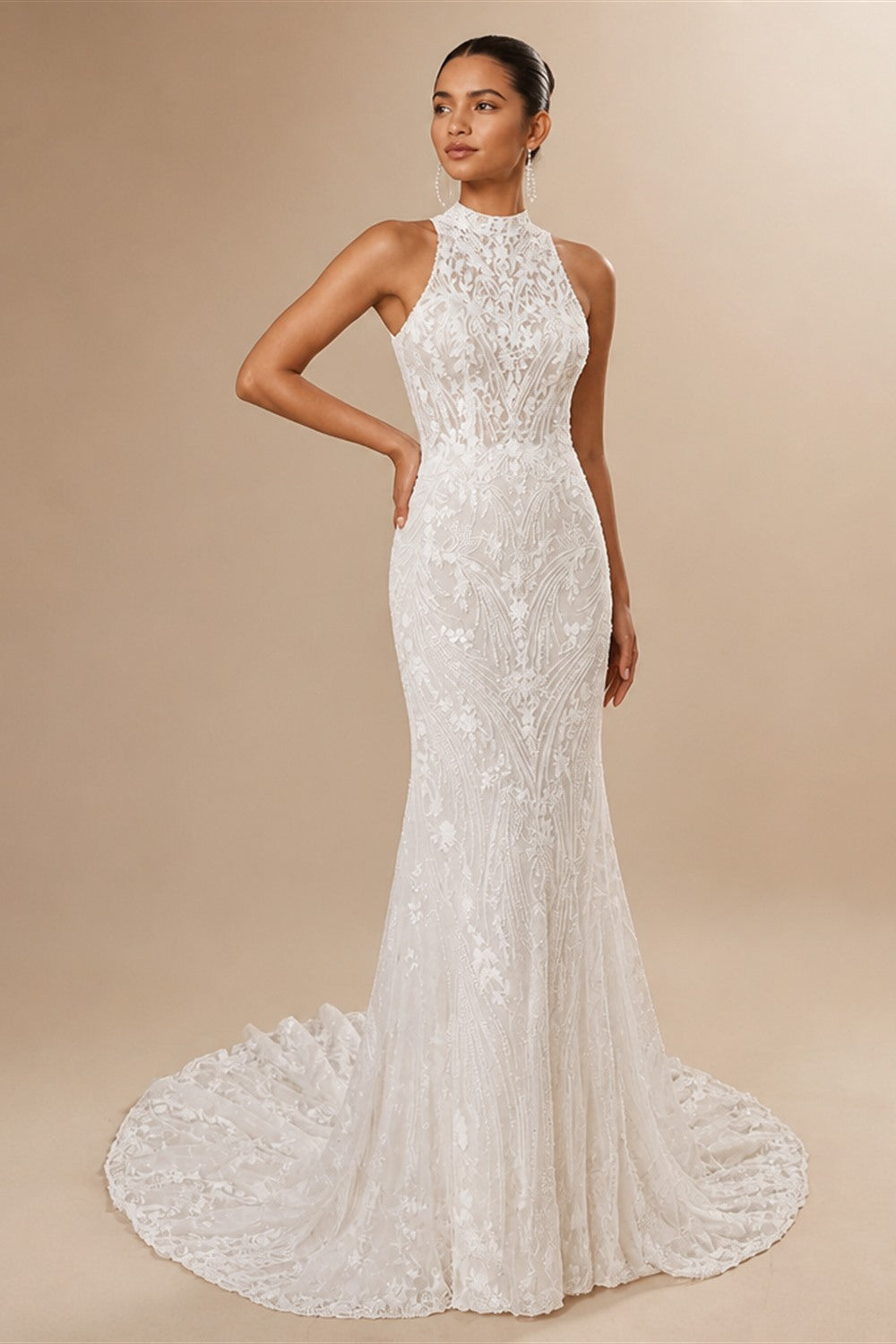Exquisite Lace Mermaid Wedding Dress 2026 Tulle Detachable Train Bridal Gowns Halter Backless Wedding Gown Customized
