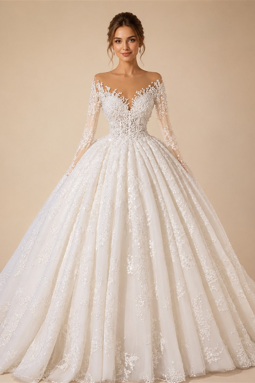 Alonlivn Elegant Silky Lace Of V-Neck Full Sleeve A Line Wedding Dress Beading Pearls Brown Skin Bridal Gowns