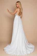 Beach Wedding Dresses Sexy V-Neck Spaghetti Straps High Side Slit Bride Dress 2025 Lace Appliques Beaded Ribbons Bridal Gown New