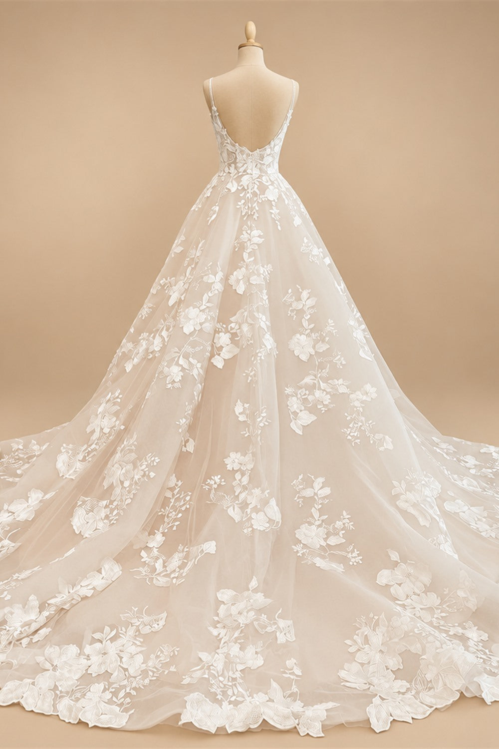 Luxury Champagne Lace Spaghetti Straps Wedding Dress For Bride