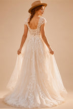 Deep V Cap Sleeve A Line Tulle Wedding Dress Floral Lace Appliques Front Slit Corset Lace Up Back Boho Bridal Gown Customized