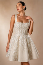 Romantic Champagne Sleeveless A-Line Short Wedding Dress with Deep V Back ZP046