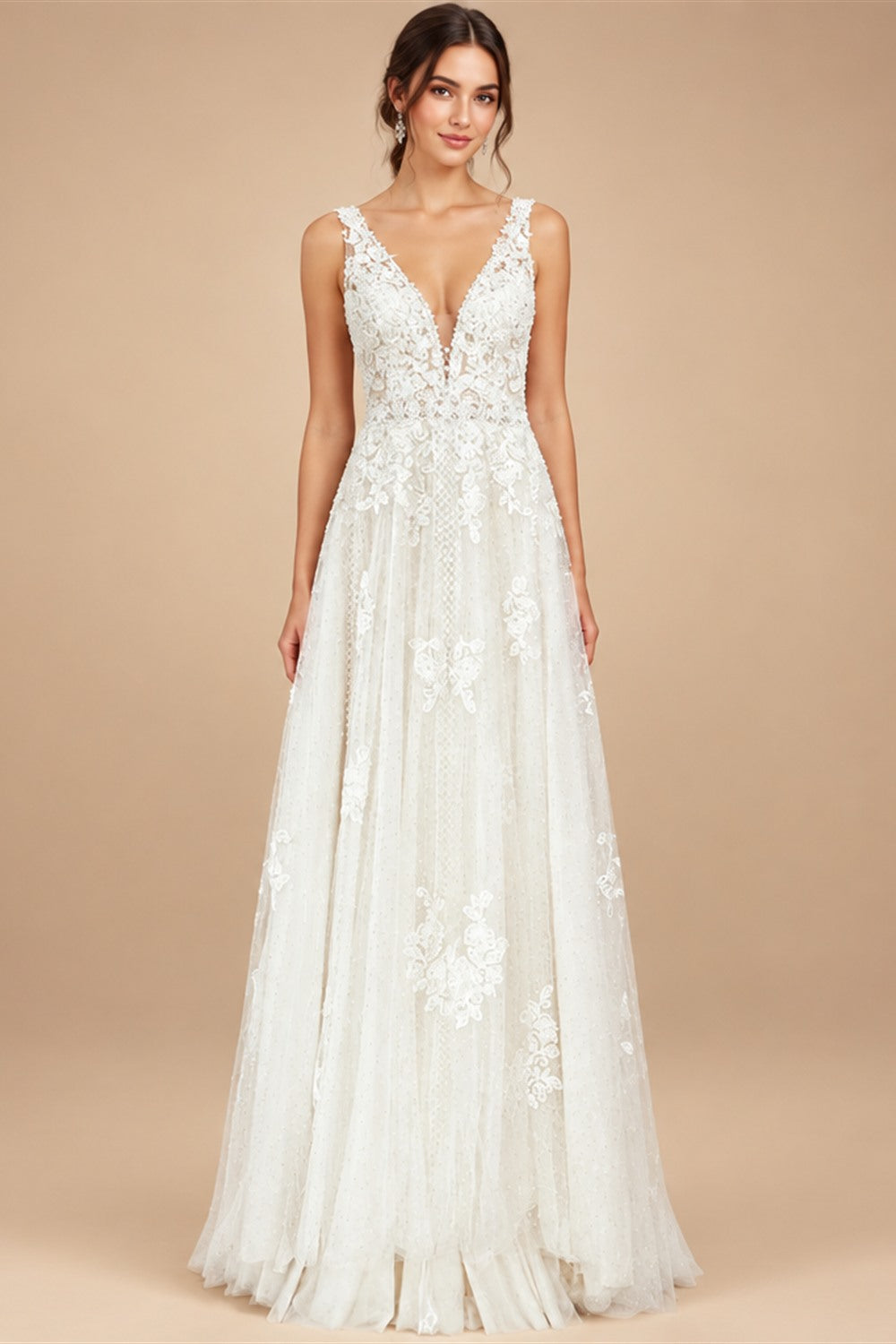 Boho Lace Applique Wedding Dress With Plunging V Neck For Beach Brides