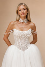Kyoto Customized White Off-the-Shoulder Pearl Chain Wedding Dress A-Line Lace-Up vestidos de noche Court Train robe de mariée