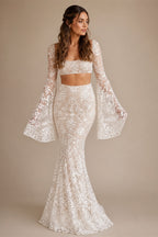 Boho Long Batwing Sleeves Lace Wedding Dress Drop Ship Customized Mermaid Rustic Beach 2026 Square Neck Open Back Bridal Gowns