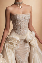 Luxury Ivory Strapless Lace 3D Floral Wedding Dress with Overskirt ZP148