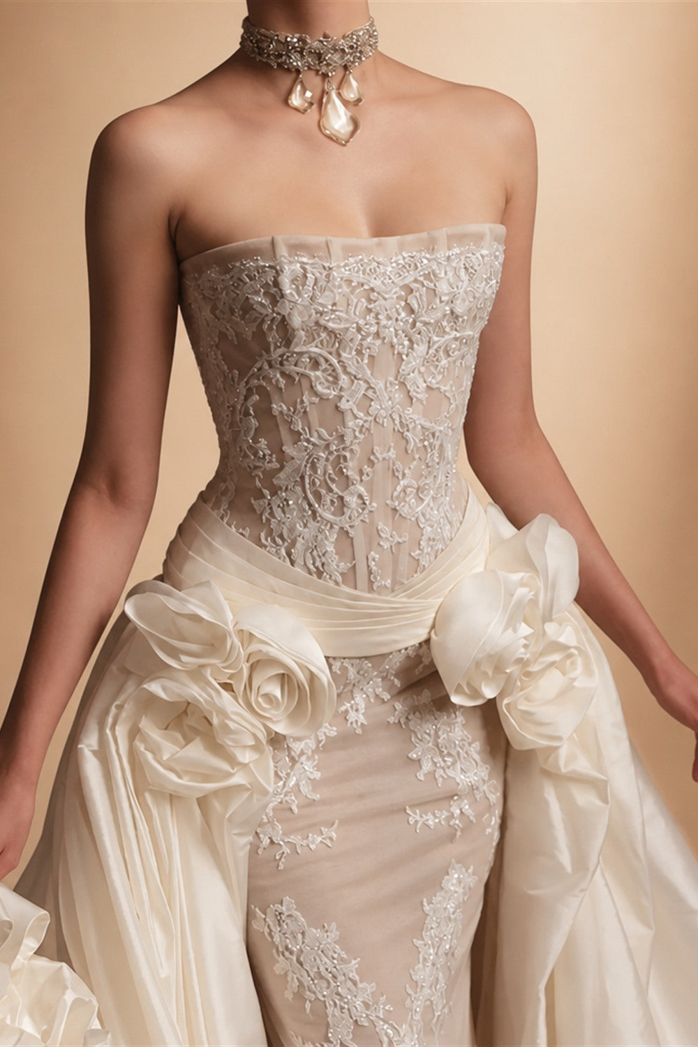 Luxury Ivory Strapless Lace 3D Floral Wedding Dress with Overskirt ZP148