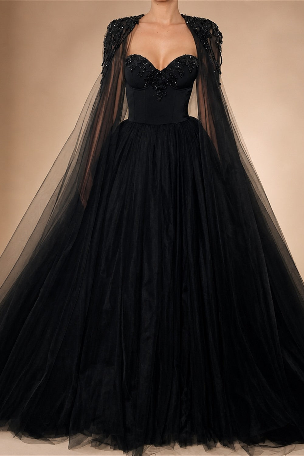 Black Luxury Gothic  Wedding Dress Beaded Tulle Ball Gown With Sheer Beaded Cape ZP028