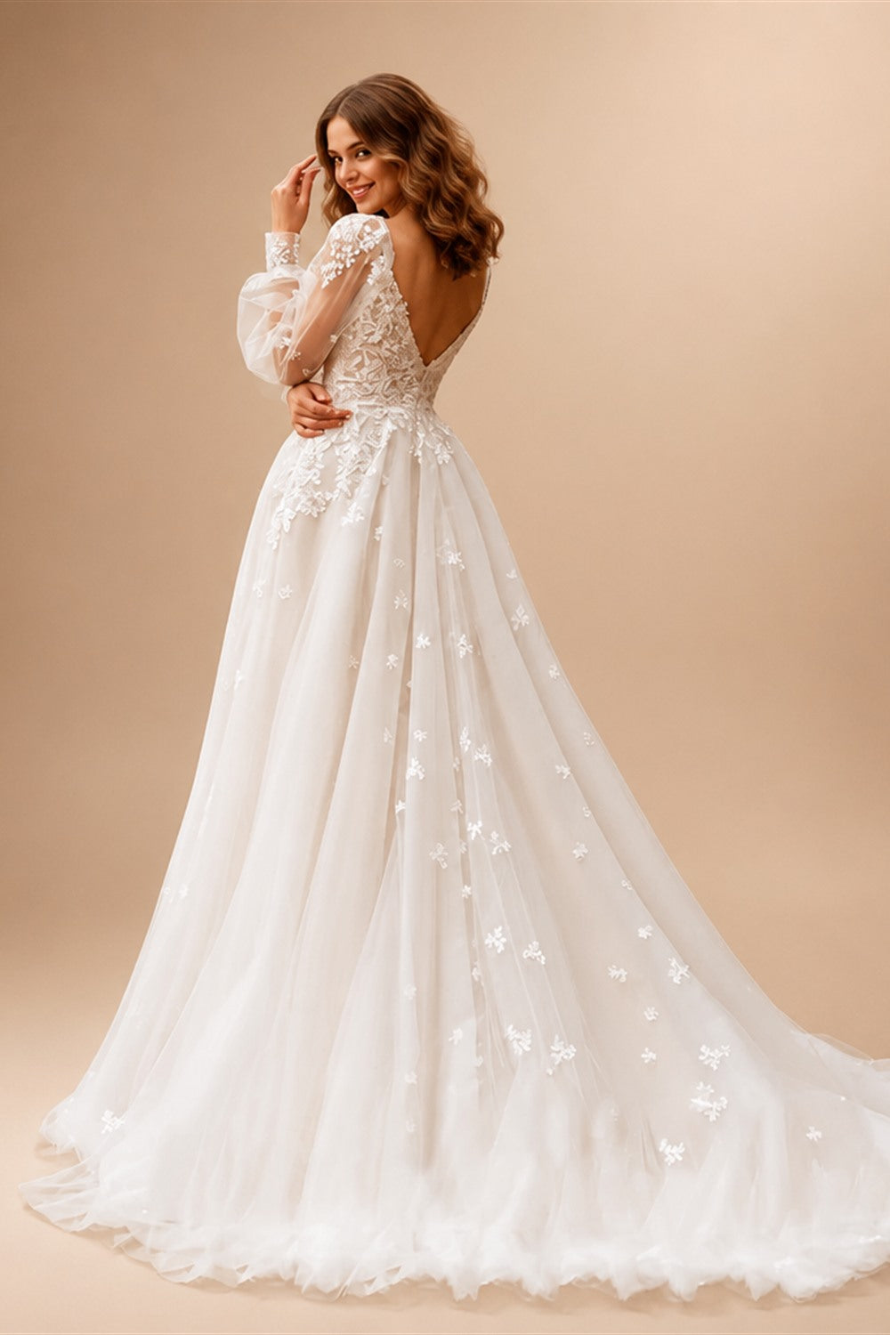 ANGEL Boho A-Line Lace Wedding Dresses Customized For Woman Long Puff Sleeves Tulle Bridal Gowns Applique Bride Dress Plus Size
