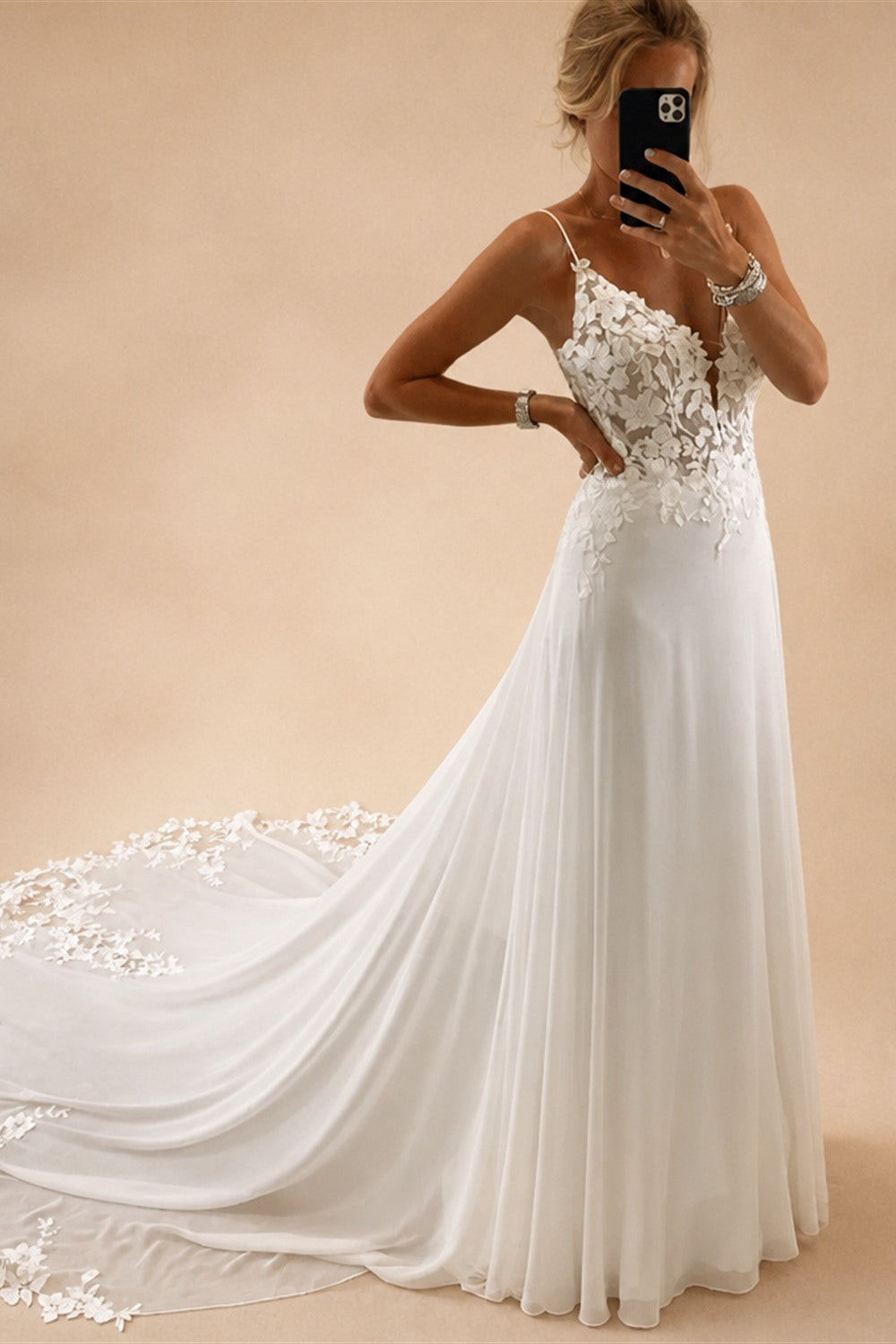 Boho Beach A Line Chiffon Wedding Dress With V Neck And Spaghetti Straps