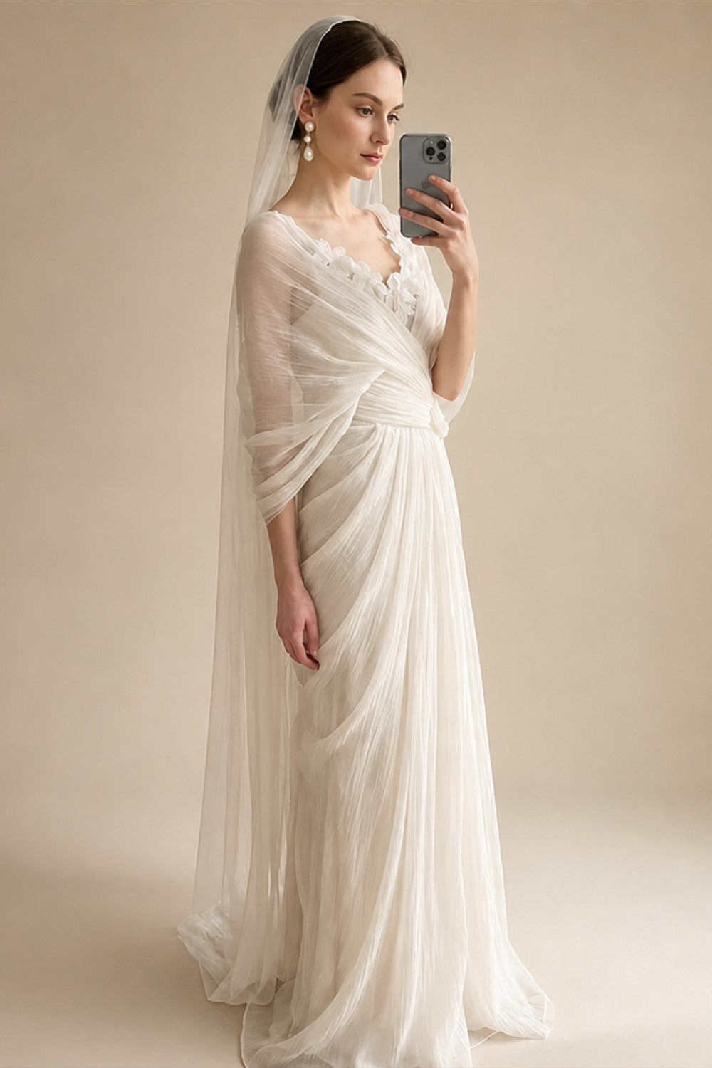 Grecian Boho Wedding Dress V‑Neck Batwing Sleeve Draped Ruched A‑Line Bridal Gown Sweep Train For Outdoor Garden Wedding