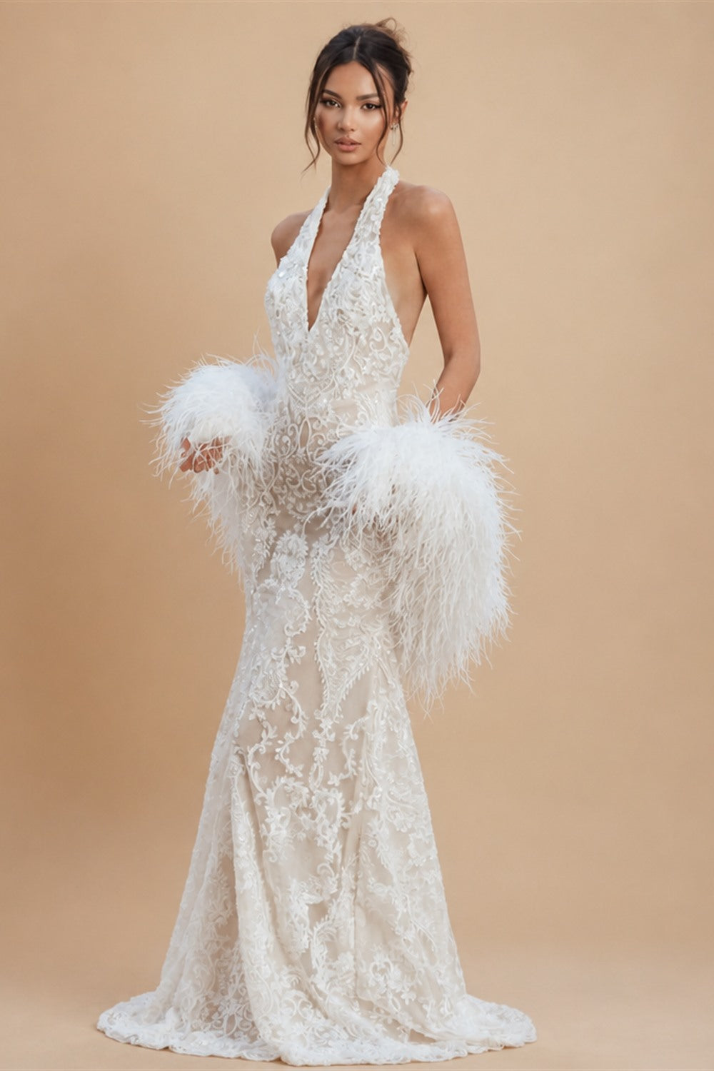 White Halter Backless Lace Mermaid Wedding Dress with Feather Shawl ZP003