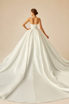Classic Satin Strapless Sleeveless Bow Pleat A-Line Wedding Dresses Sweetheart Ball Gown Customized