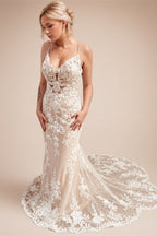 Custom Made Champagne Lace Mermaid Wedding Dress With Spaghetti Straps