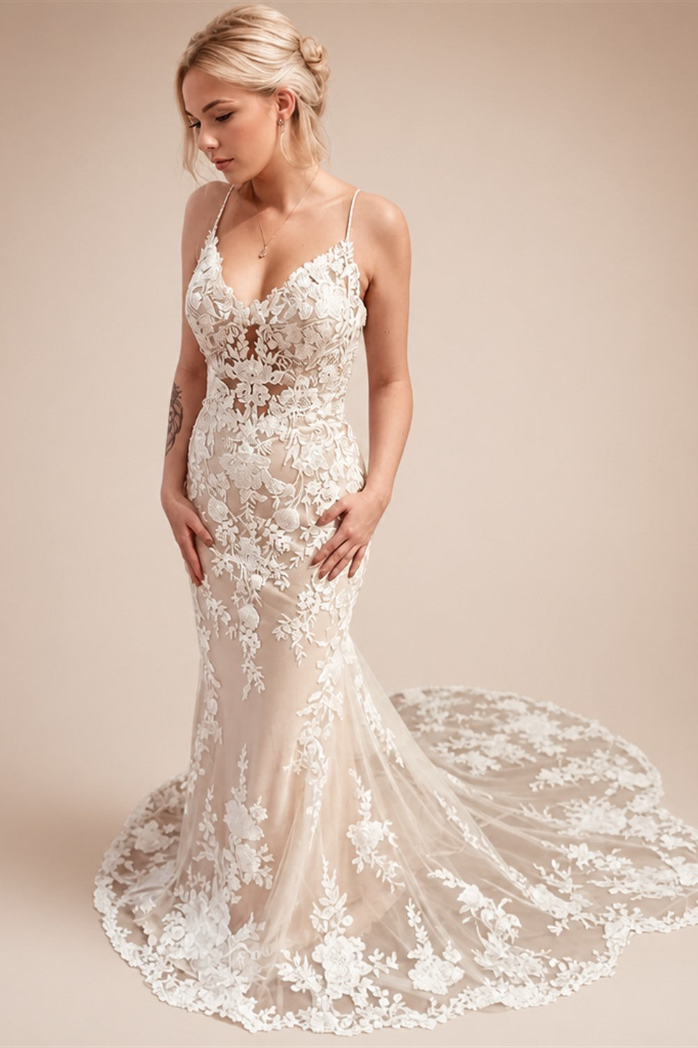 Custom Made Champagne Lace Mermaid Wedding Dress With Spaghetti Straps