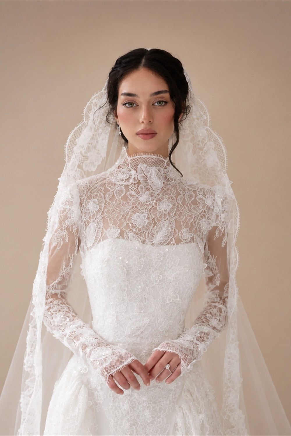 Classic Ivory Lace High Neck Long Sleeve A-Line Wedding Dress with Veil ZP107
