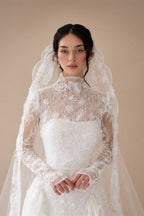 Classic Ivory Lace High Neck Long Sleeve A-Line Wedding Dress with Veil ZP107