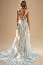Romantic Cap Sleeve Boho Wedding Dress V Neck A Line Bridal Gowns Lace Applique Wedding Gowns Vestido De Novia Customized