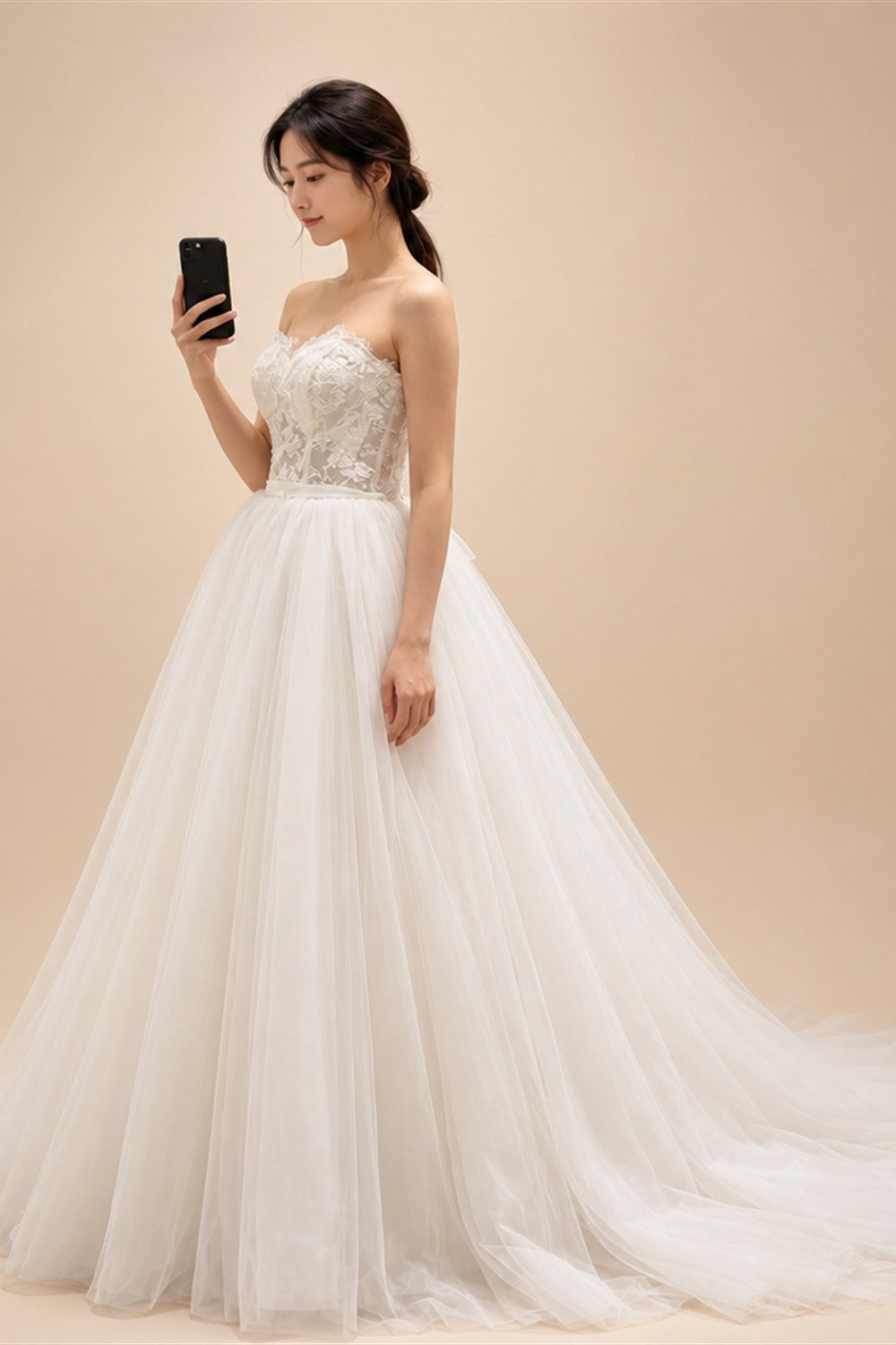 Sweetheart Strapless Ball gown Wedding Dress Lace Corset Bodice Satin Bow Waistband Pure Tulle Bridal Gown  Ivory Princess Bride
