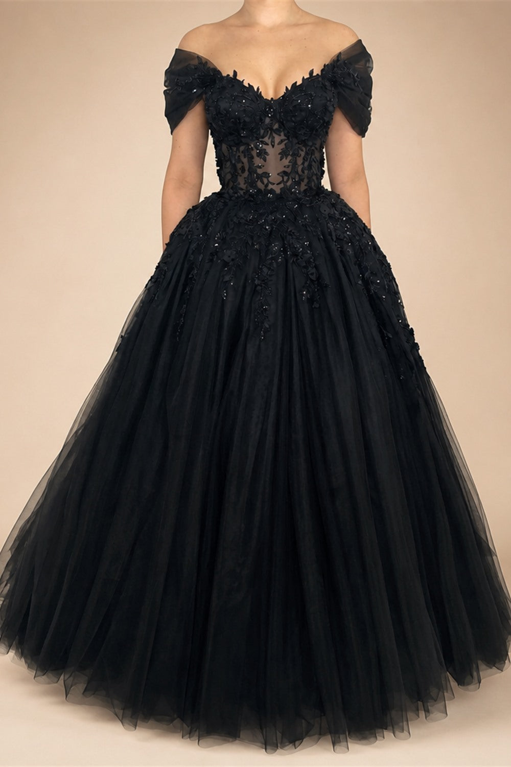 Black Luxury Gothic Wedding Dress  Sheer Corset 3D Floral Tulle  ZP027