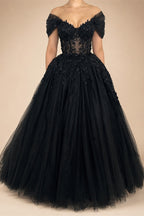 Black Luxury Gothic Wedding Dress  Sheer Corset 3D Floral Tulle  ZP027