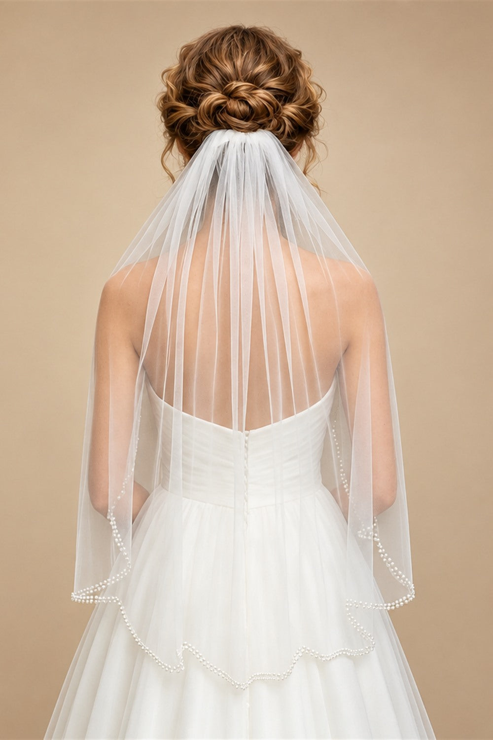 Fingertip Length Pearl Wedding Veil With Comb - Single Layer Tulle Bridal Veil Scalloped Beaded Edge for Bride Accessories G200