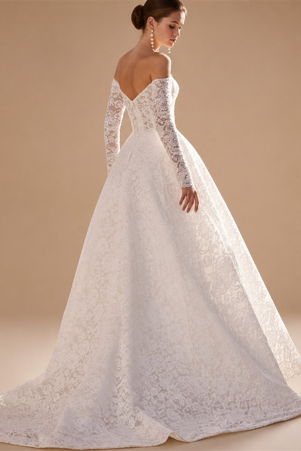 Custom Lace Wedding Dress Long Sleeve Sweetheart Beaded Sweep Train Gown