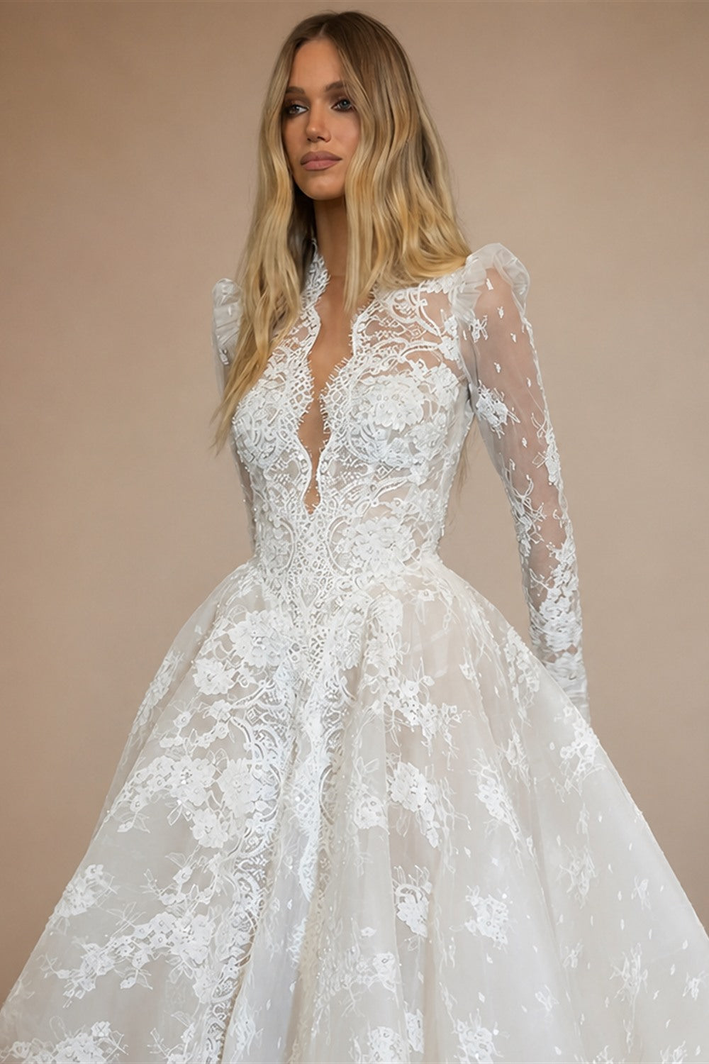 Luxury White High Neck Sequin Long Sleeve Lace A-Line Wedding Dress ZP094