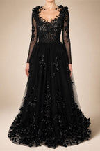 Black Luxury Gothic Wedding Dress 3D Floral Lace Tulle Sweep Train ZP026