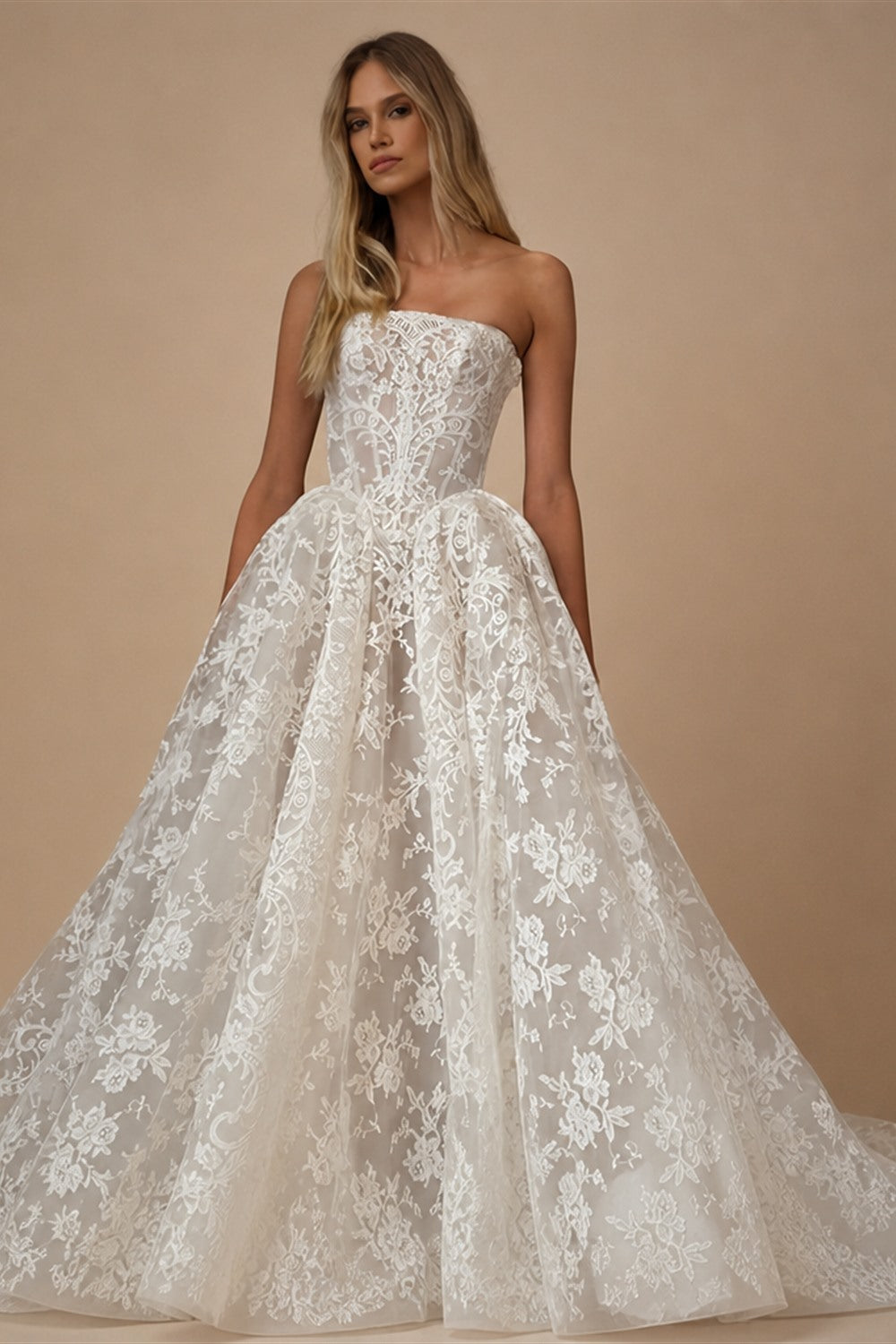Glamorous White Strapless Floral Lace Wedding Dress with Veil ZP095