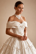 Off the Shoulder White Satin Ball Gown Flower Girl Dress with Long Cathedral Train ZP017