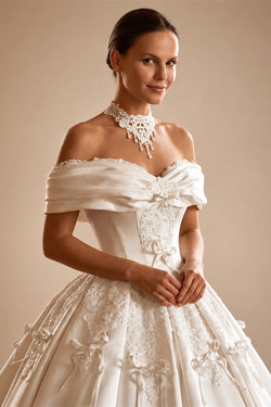 Off the Shoulder White Satin Ball Gown Flower Girl Dress with Long Cathedral Train ZP017