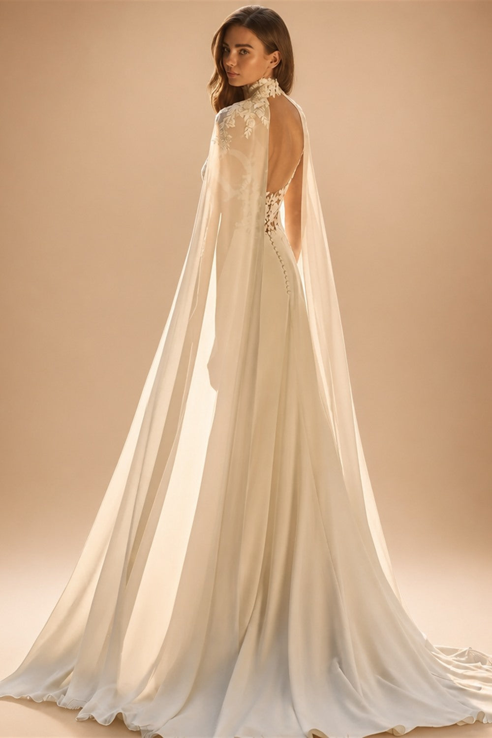RODDRSYA Bohemian Wedding Dress A Line with Detachable Cape Boho Lace V Neck Crepe Open Back Bridal Dresses Woman Customized