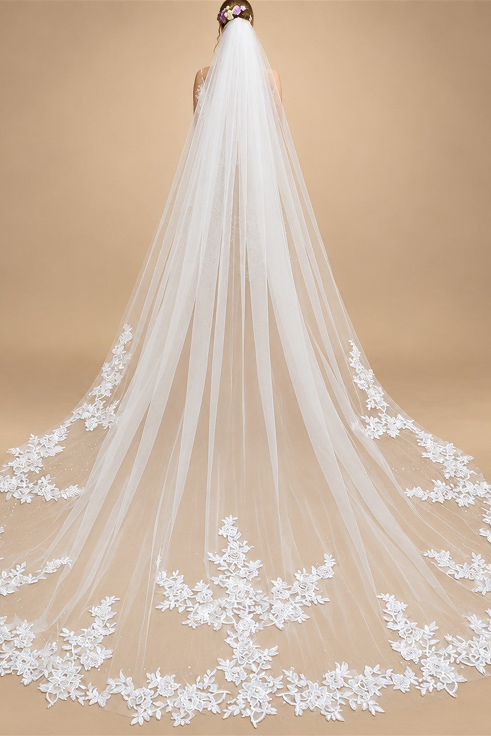 Real Photo 3m One Layer Bridal Veil with Comb White Lace Edge Ivory Appliqued Cathedral Wedding Veil for Brides