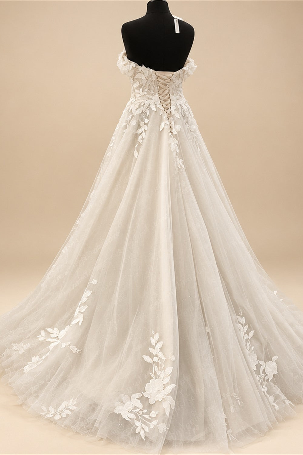 Custom Off Shoulder Wedding Gown With Lace Appliques And Cap Sleeve