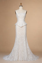 White Nude  Mermaid Wedding Dress Beaded Chain Detailing With Lace Train  ZP039