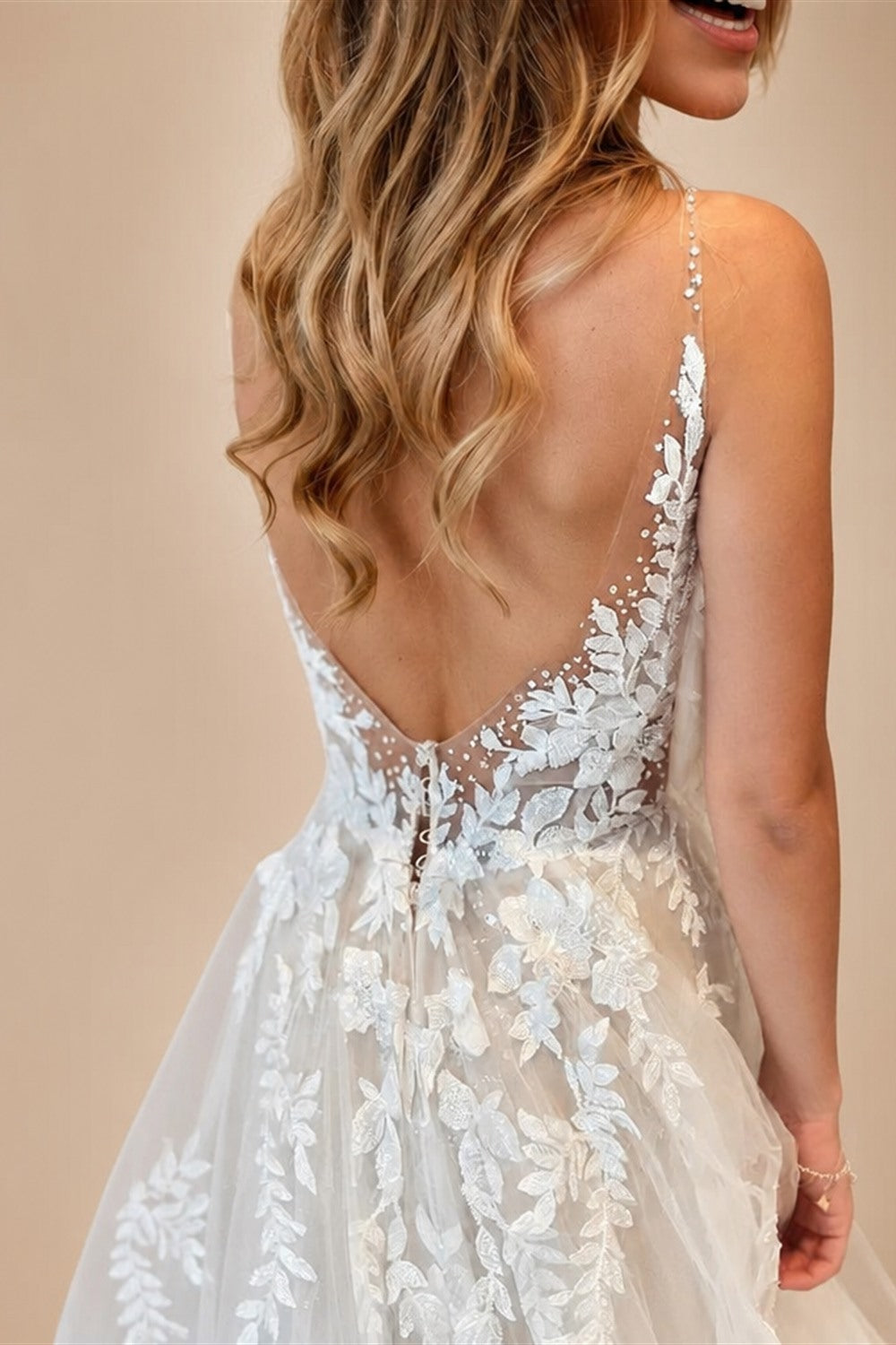 Custom A Line Backless Wedding Dress Featuring Beaded Lace Tulle