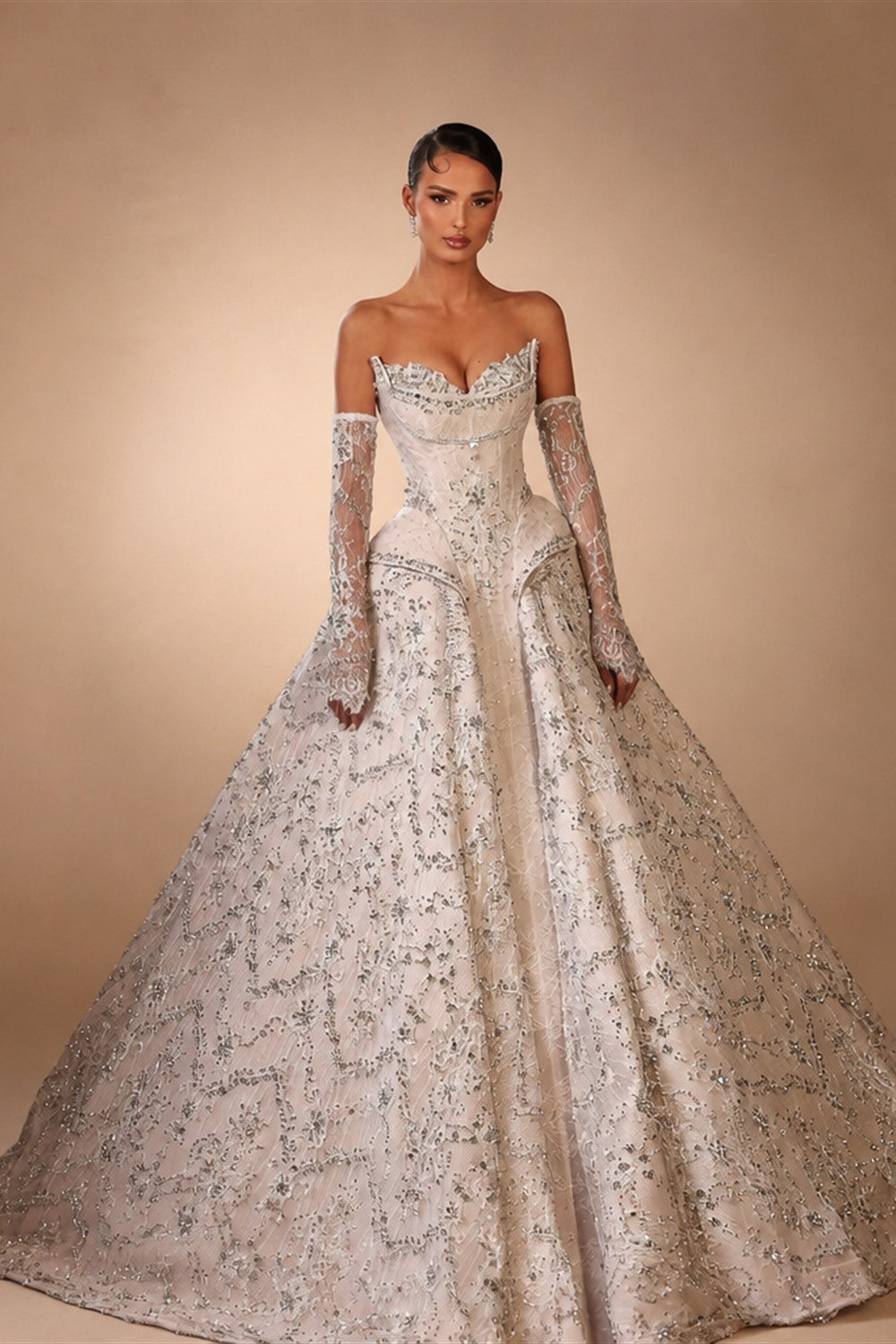Luxury Off Shoulder Beaded Ball Gown Wedding Dress ZP181