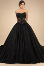 Black Lace Heavy Gothic Beading Wedding Dress Ballgown Corset Closure  ZP202
